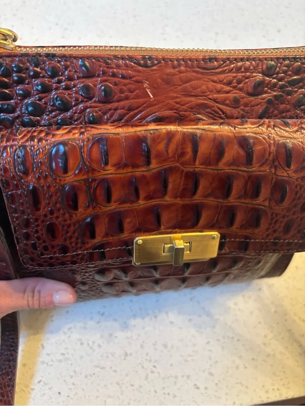 BRAHMIN Melbourne Manhattan Pecan Croc Embossed Leather Turnlock Crossbody Bag